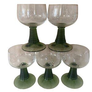 Schott Zwisel 5‎ Crystal Wine Goblets Glasses Beehive Stems Etched Floral Design